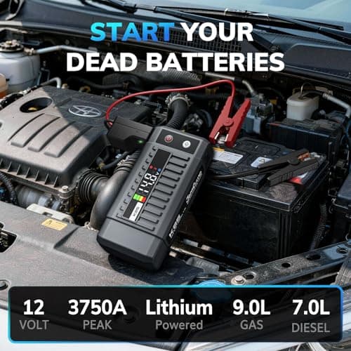 JOMGAND K25 Portable Jump Starter, 3750A 12V Car Battery Booster Pack for Upto 9.0L Gas or 7.0L Diesel Engines, Jump Box with Jumper Cable, USB/DC Charge, and 3 Mode Flashlight - Thumbnail 2