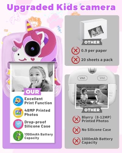 Kids Camera Instant Print, Christmas Birthday Gifts for Gils Age 3-8, 48MP &1080P Children Camera with Silicone Cover, Portable Toy Instant Camera for Kids 3 4 5 6 7 8 9 10 Year Old Girls - Thumbnail 6