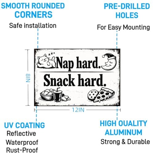 Nap Hard Snack Hard Vintage Tin Sign Funny Cat Wall Decor Black and White Retro Metal Plaque Humor Kitchen Snack Room Wall Art 8x12 Inch Pre Drilled Holes - Thumbnail 5