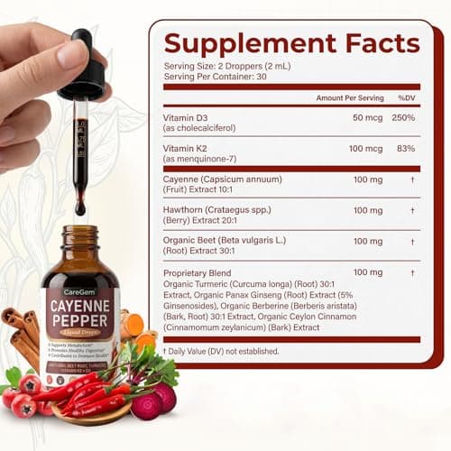 CareGem Cayenne Pepper Drops with Vitamin D3 K2 MK-7-30:1 Organic Beetroot & Hawthorn - Advanced Circulation & Blood Flow Support - Berberine, Turmeric, Panax Ginseng - 2 Fl Oz - Thumbnail 6