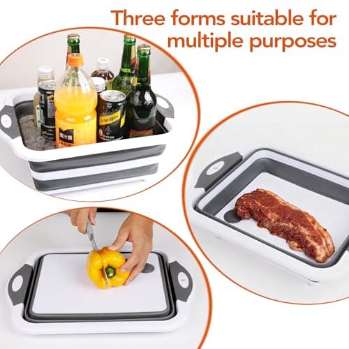 QiMH Collapsible BBQ Prep Tub, Picnic Basket with Lid Foldable Dish Basin, Washing and Draining Veggies Fruits, Food Grade Portable Cutting Board for Camping, Traveling, and Kitchen - Thumbnail 5