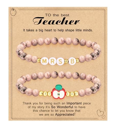 Btysun Teacher Valentines Day Gifts, Teacher Gifts for Women Pink Beaded Bracelets Initial Bracelet Mrs B Teachers Appreciation Gift Birthday Jewelry - Image 1
