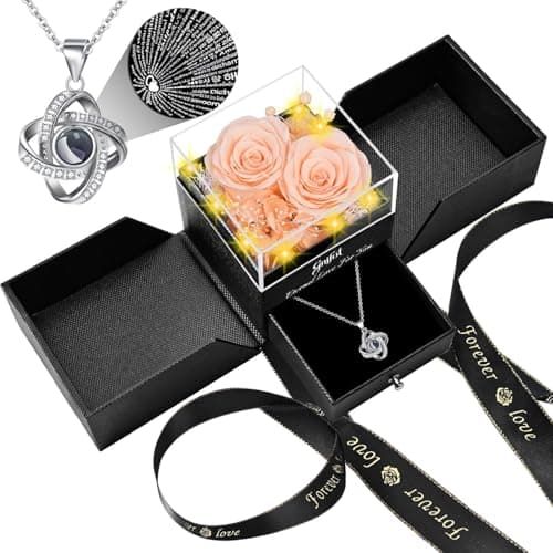 2 Preserved Rose Gift for Women - Eternal Rose with I Love You Necklace - Romantic Birthday Gifts for Girlfriend Mom Her Wife Grandma on Valentines Mothers Day Anniversary Christmas-Red Champagne - Image 1