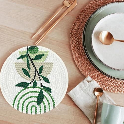 ijbnhd 8 Pcs Leaf Diamond Art Coasters Kit, Leaf Diamond Painting Coasters with Holder, Arts and Crafts Supplies Astral 4X4inch (Cork Wooden Pad) - Thumbnail 6