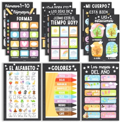Hadley Designs Spanish Posters for Classroom - 12 Spanish Classroom Decorations, Laminated Educational Posters for Toddlers, Carteles Educativos en Español, Chalkboard Bilingual Homeschool Essentials - Image 1