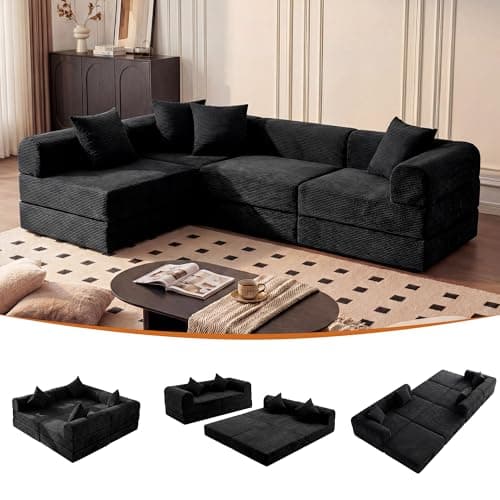 ceamorfco 112 Inch Boneless Couch Modular Sectional Sofa, Corduroy 4-Seat Cloud Couch with High Back Support Pillows, Convertible Floor Sofa Bed for Living Room and Small Spaces, Black