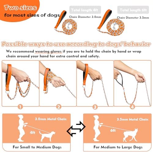 LUFFWELL Heavy Duty Metal Dog Chain Leash with Comfortable PU Leather Padded Handle, Chew Proof for Medium Large Pooch Walking Training (6FT 3.0mm Orange) - Thumbnail 5