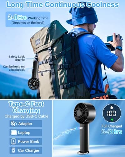 Portable Mini Handheld Fan Turbo, USB Rechargeable Electric High Speed Personal Hand Held Fan, 5 Speeds, LED Display, Battery Operated, Lightweight Small Size, Gift for Womens, Mens, Makeup, Travel - Thumbnail 5