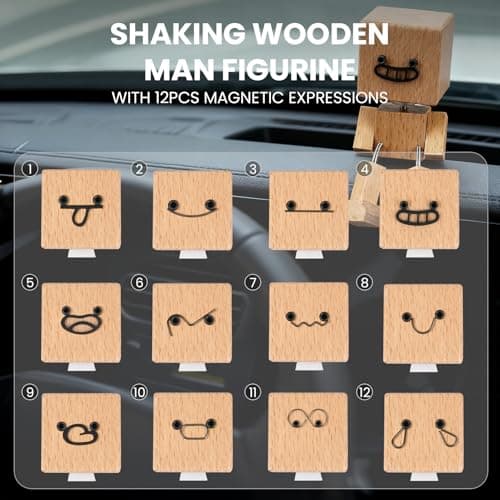 Manoai Shaking Wooden Man Figurine, Shaking Feet Woodens Doll with 12PCS Magnetic Expressions, Handmade Shaking Feet Wooden Car Dashboard Decorations, Creative Wood Desktop Decor - Thumbnail 2