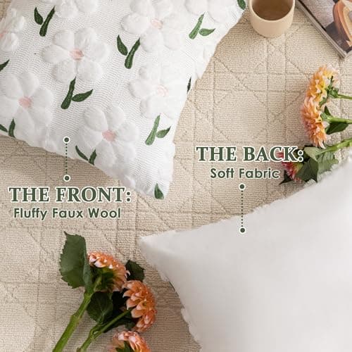 KIDHABE Spring Summer Pillow Covers 18x18 inch Set of 2, White Daisy Floral with Pink Stamen Pillow Cases, Soft Plush Faux Fur Jacquard Throw Pillows for Sofa Couch Holiday Spring Home Decor - Thumbnail 5