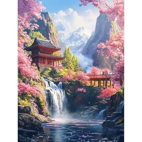Lophomie Pink Landscape Diamond Art Kits for Adults, 5D Diamond Painting for Adults Beginners, DIY Diamond Dots Kits Gem Arts Crafts for Home Wall Decor 12x16 Inch - Image 1
