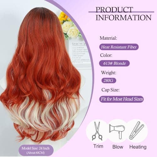 Copper Orange Lace Front Wig for Women Long Wavy Synthetic Middle Part - Thumbnail 2