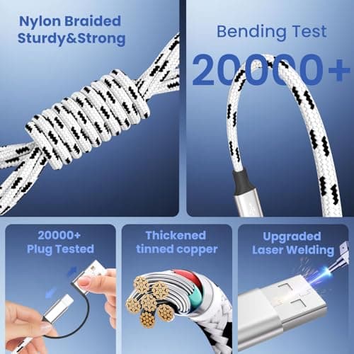 Firsting Travel Essentials 3 in 2 Multi Charging Cable, USB A/C Charging Cords with Type-C/IP/Micro, Universal Phone Charger Cord Compatible with iPhone17-8/iPad/Android/Tablet/Car (3Packs 5FT) - Thumbnail 5