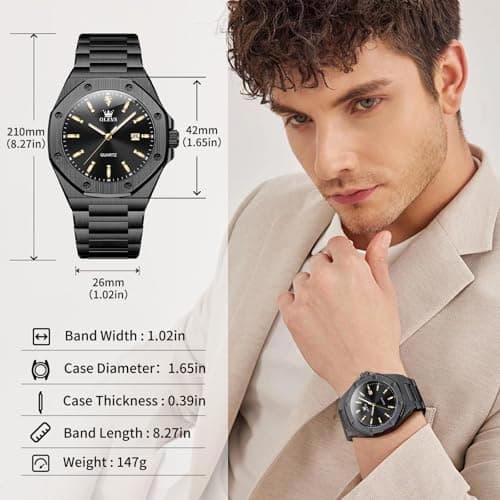 OLEVS Black Watches for Men Luxury Stainless Steel 42MM Big Face Mens Black Watch Dress Casual Waterproof Fashion Watches for Man Quartz Sleek Look for Outdoor Travel Relojes para Hombres - Thumbnail 3