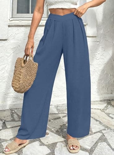 Acelitt Women Summer 2026 Casual Fashion High Waist Wide Leg Pants Loose Work Palazzo Office Business Suit Pants Trousers Blue XL - Thumbnail 3