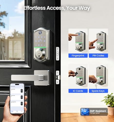 Veise VE017-B Fingerprint Smart Lock for Front Door, App Control, 8-in-1 Keyless Entry Deadbolt with 2 Zinc Alloy Lever Handles Set, Emergency Power Port, Auto Lock, Electronic Keypad, Satin Nickel - Thumbnail 2