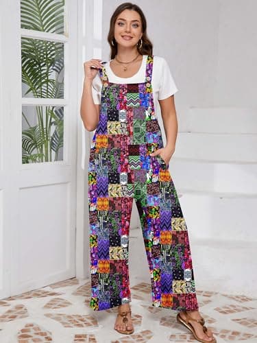 AusLook Plus Size Jumpsuits for Women Adjustable Straps Wide Leg Overalls Casual Loose with Pockets - Thumbnail 3
