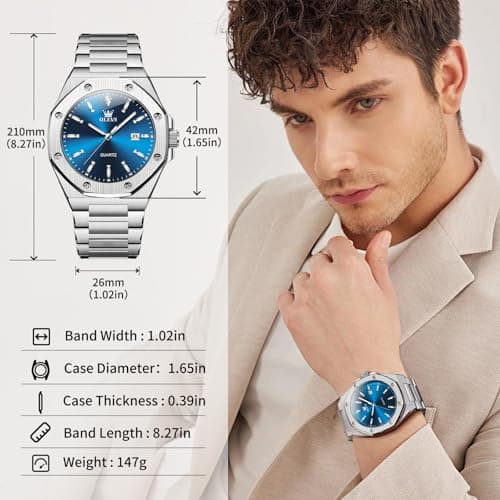 OLEVS Dress Watches for Men Quartz Movement Waterproof Men's Wrist Watch Silver Stainless Steel with Blue Face Luxury Business Watch for Men Suitable for Casual Social Events Surprise Gift for Him - Thumbnail 4