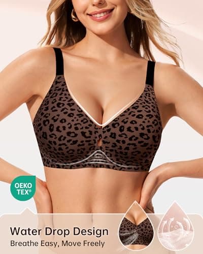LetsJoli Jelly Bras for Women Wireless No Underwire Seamless Support Comfortable Tshirt Bras Early Fall Fashion(Leopard Coffee XL) - Thumbnail 3