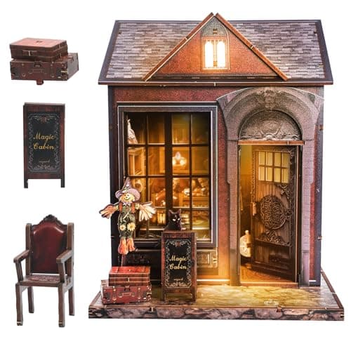 Joibabe Magic Cabin Miniature Dollhouse with LED Lights, Vintage Furniture & Decor – Handcrafted Fantasy Shop Display for Home Decor, Collectibles & Gifts - Image 1