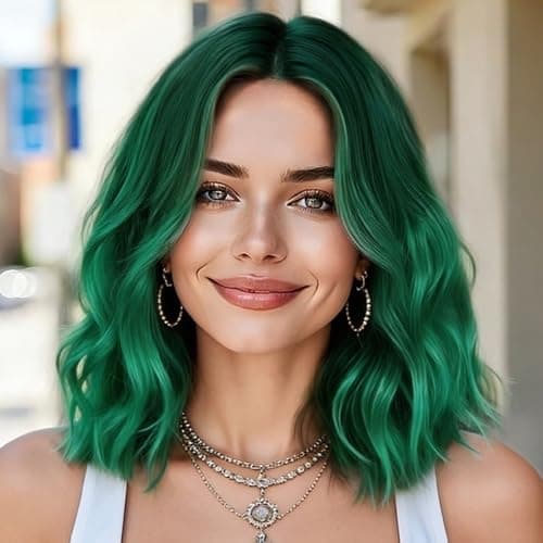 Uioxvn Green Short Curly Wavy Wig Synthetic Bob Style Natural Lace Hairline Heat Resistant Fiber Wigs for Women Glueless Crazy Looking Shoulder Length Middle Part Cosplay Party Use 14 Inch - Image 1