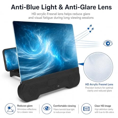 14'' Screen Magnifier for Cell Phone with Bluetooth Speakers,3D Magnifying Projector Screen Enlarger for Movies Videos Games Foldable Stand Holder with HD Screen Amplifier Supports All Smartphones - Thumbnail 3