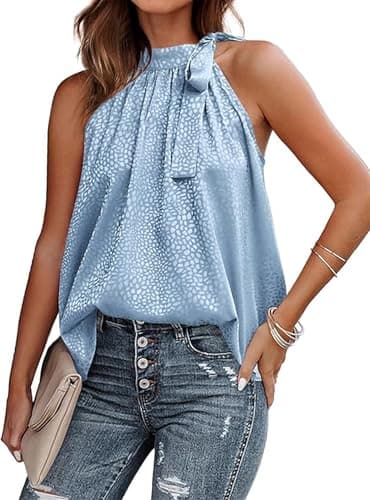 BTFBM Satin Halter Tops for Women 2026 Summer Spring Clothes Leopard Side Tie Bow Mock Neck Sleeveless Loose Tank Top(Light Blue, Large) - Image 1