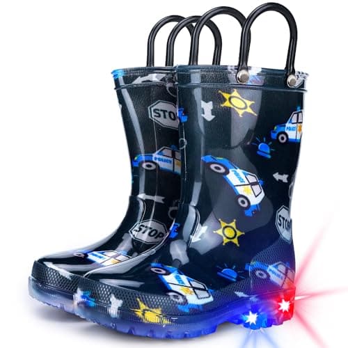 Funspread Toddler Rain Boots Boys Rain Boots - Patterns Light Up Kids Rain Boots with Easy-On Handles Lightwight Waterproof Rain Shoes Navy Blue Size 1 - Image 1