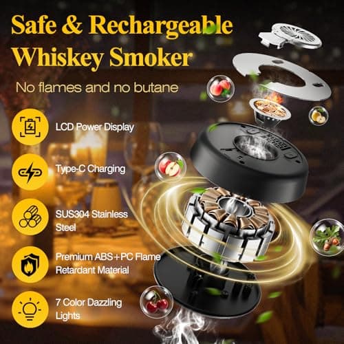 Electric Whiskey Smoker Kit with 7 LED Light Modes, Rechargeable Cocktail Smoke Infuser, 6 Natural Wood Chips, Stainless Steel Ice Cubes & Sphere Mold, Bourbon Gift Set for Men, Dad, Husband - Thumbnail 2