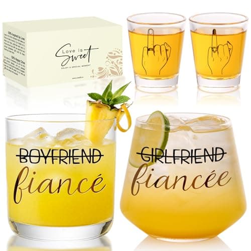 4Pcs Engagement gifts for couples Ring Finger Wine&Whiskey&Shot Glass Set Just Married Gift,Mr and Mrs Wedding Newlyweds Bridal Shower gifts for women Fiance Fiancee Couples Bridal,Bachelorette - Image 1