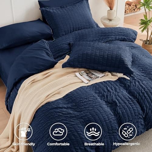 HYMOKEGE Navy Blue Queen Comforter Set Seersucker 7 Pieces, All Season Luxury Bed in a Bag for Bedroom, Bedding Set with Comforters, Sheets, Pillowcases & Shams - Thumbnail 3