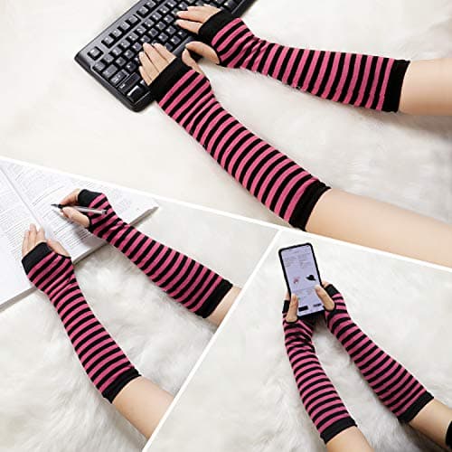 Bienvenu Punk Gothic Rock Long Arm Warmer Fingerless Gloves,Black Fuchsia - Thumbnail 5