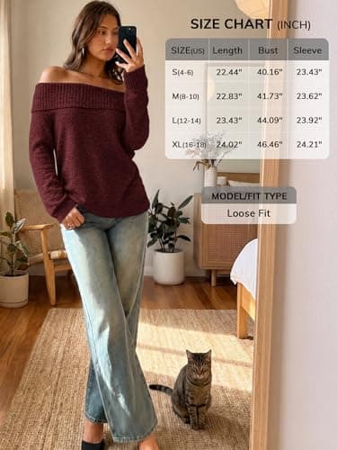 ATHMILE Womens Off The Shoulder Sweaters Oversized Batwing Sleeve Loose Pullover Fall Outfits Winter Fashion Tops 2026 Wine Red - Thumbnail 6