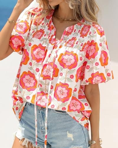 KIRUNDO Boho Tops for Women Summer 2026 Dressy Floral Blouse V Neck Drawstring Short Sleeve Shirts Beach Vacation Clothes(White Pink Flower, XX-Large) - Thumbnail 4