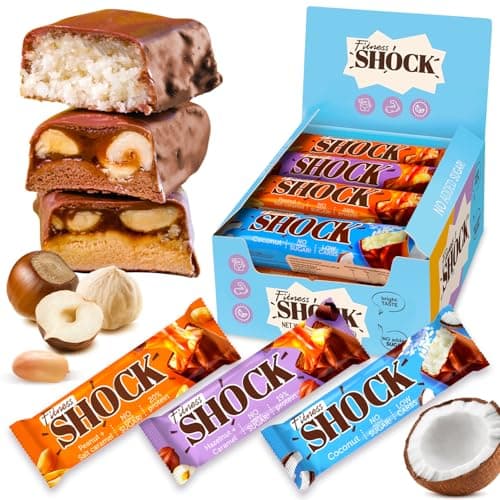 Fitness SHOCK Protein Bars Variety Pack - No Added Sugar, Low Calorie Low Carb Snack - Peanut Salted Caramel, Hazelnut Caramel, Coconut - 180 Kcal, 0g Added Sugar, 8g Fat, 13g Net Carbs - 12 x 50g
