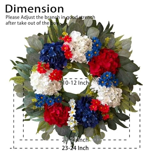 WANNA-CUL 250th Year Patriotic Wreaths for Front Door Decorations, 24 Inch 4th of July Hydrangea Wreath, Red White Blue Spring Door Wreath for Independence Day, Memorial Day for Indoor Outdoor Decor - Thumbnail 2