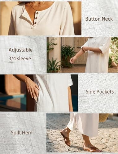 Celmia Cotton Dress for Women Summer 3/4 Sleeve Split Linen T Shirt Dresses Split Hem White Medium - Thumbnail 4