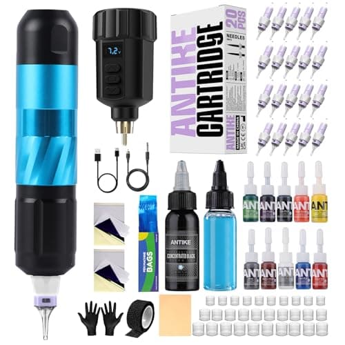 ANTIKE Wireless Tattoo Kit Complete Pro Tattoo Gun Kit with 1500mAh LCD Tattoo Battery, 20PCS Tattoo Cartridge Needles, Tattoo Color Ink Set AK-TK3002-3 - Image 1