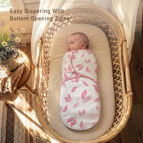 GLLQUEN BABY Baby Swaddle Sleep Sacks with Zipper - 3-Pack Newborn Swaddling Sack, Baby Swaddles Sleep Sack 0-3 Months,Pink Floral or Leaves, Swaddling Blankets 3 Pack Wrap Set, Easy Change Swaddle - Thumbnail 3
