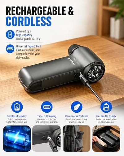 Compressed Air Duster 180000RPM – Super Power Cordless Electric Air Duster with 3-Speed Turbo Fan, Rechargeable Air Blower for Computer, Keyboard, Car, Camera & Home Cleaning - Thumbnail 6