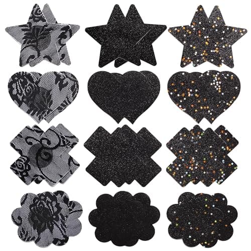 HISKFUN Glitters Pasties Nipple Covers for Women Disposable Sticky Breast Petals for Rave Party 12 Pairs(Black) - Image 1