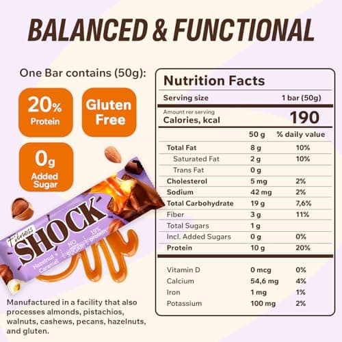 Fitness SHOCK Hazelnut Caramel Protein Bars - Gluten Free, No Added Sugar, Low Calorie Low Carb Snack - 10g Protein, 0g Added Sugar, 190 Kcal, 16g Net Carbs - 12 x 50g - Thumbnail 2