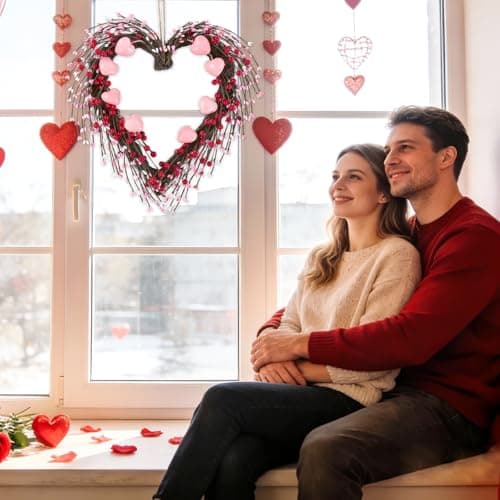 U'Artlines 15 Inch Valentine’s Day Wreath, Pink Heart Shaped Door Wreath with Cute Berries for Valentine’s Day Gift Wedding Anniversary Festival Front Door Wall Decor - Thumbnail 3