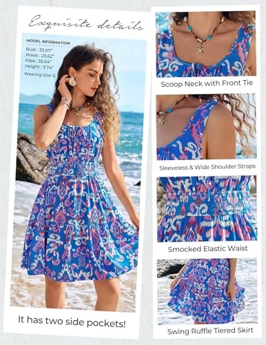 Women Summer Short Dresses 2026, Blue Sleeveless Casual Floral Mini Empire Waist Dress, Boho Flowy Tiered Ruffle Beach Dress - Thumbnail 5