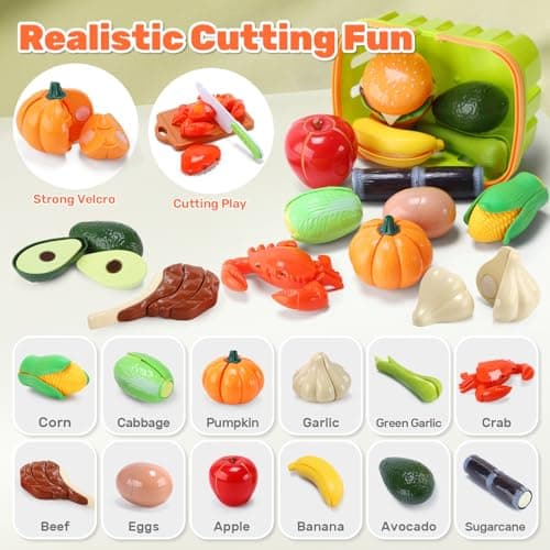 CUTE STONE 70+ PCS Kids Play Kitchen Accessories, Pretend Cooking Toys with Peelable & Cuttable Play Food, Cookware, Tableware & Utensils, Shopping Basket, Tray, Educational Gift for Girls & Boys - Thumbnail 3