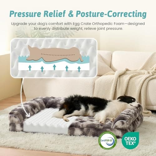 Faux Fur Orthopedic Dog Bed, Extra Large Dog Bed, Supportive Foam Pet Sofa with Waterproof Lining Cover, Washable U-Shaped Pet Couch with Anti-Slip Bottom Design, Tie-dye Grey XXL 48x32x8 inch - Thumbnail 2