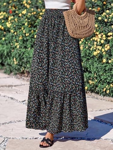 BTFBM Womens Boho Maxi Skirt 2026 Summer Floral High Waisted Flowy Tiered Long Spring Beach Vacation Skirts Pockets(Floral Black Red, X-Large) - Thumbnail 5