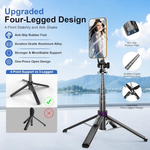 Magnetic Tripod for iPhone with 1/4" Screw, 53" MagSafe Selfie Stick Tripod with Remote & Metal Ring, 4-Leg Stable Phone & Camera Tripod for Video Recording, Vlogging, TikTok, Travel, Black - Thumbnail 3