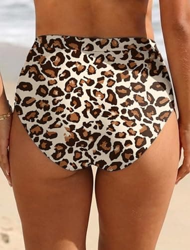 Women's High Waisted Bikini Bottom Tummy Control Ruched Swim Bottom Retro Vintage Swim Short Tankinis Leopard - Thumbnail 2