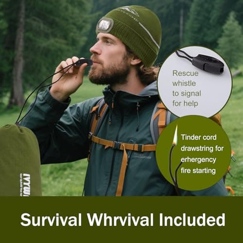 IVYWNT Emergency Sleeping Bag & LED Beanie Hat Set, Waterproof Thermal Mylar Bivy Sack, Portable Survival Gear for Hiking, Camping, Bug-Out Bags & Emergency Kits, Green - Thumbnail 5